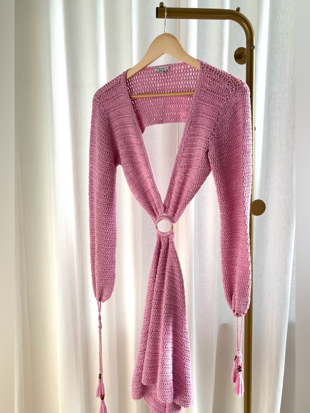 Pink Crochet Ring-Front Mini Dress Size AUS 8 Approx S/M - some loose crochets